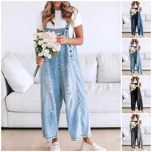 💃Ограничено време за продажба 49% ОТСТЪПКА💓👖Женски сладък ежедневен гащеризон с копчета, скъсани дънкови гащеризони