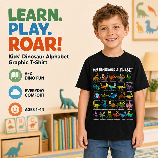 🦖👕Детска тениска с динозавърски буквен модел