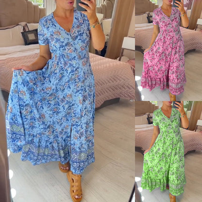 💃 50% korting bij de seizoenswisseling 🔥 Comfortabele lange jurk met V-hals en print