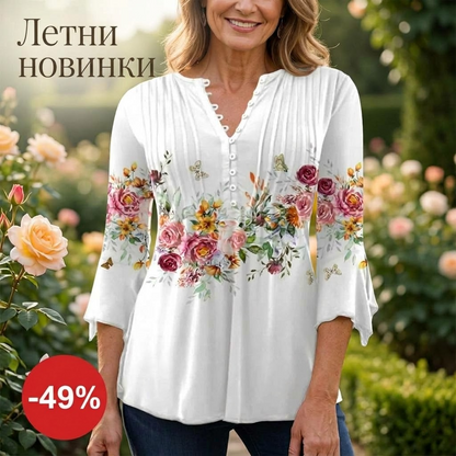 Дамска флорална тениска с копчета, V-образно деколте, плисирани 3/4 ръкави