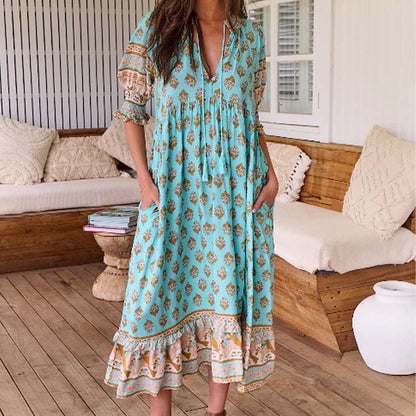 🌸Пролетни специални оферти 50% ОТСТЪПКА👗Бохо флорален V-образен деколте висок талия A-линия люлееща се рокля