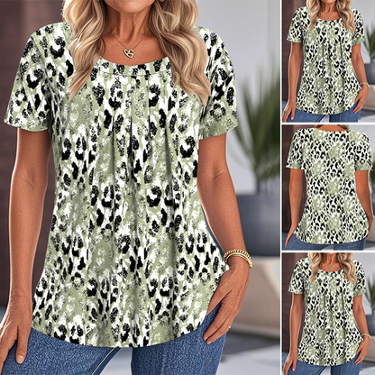 【S-3XL】✨Дамски свободен топ с шарка, кръгло деколте и къс ръкав