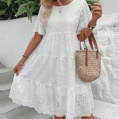 👗 50% ОТСТЪПКА СЕГА! 💖 Дамска плътна рокля с кръгло деколте и флорални изрези – Флорални детайли, дишаща и перфектна за шикозен летен вид 🌸