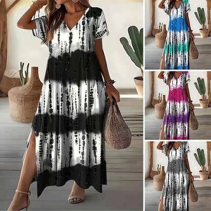 👗【S–4XL】Дамска ежедневна рокля с V-образно деколте и цветен преход