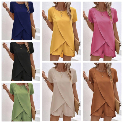 👗 30 % ОТСТЪПКА! ☀️ Двуделен комплект за дами – асиметричен топ и шорти – Едноцветен, лек и универсален за лятото, плажа и ежедневието 🏖️