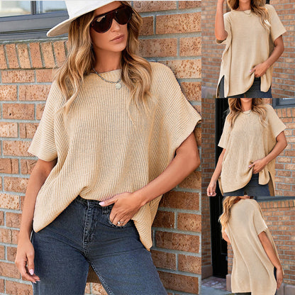 🌸 50% ОТСТЪПКА СЕГА! 👕 Дамска широка блуза с къс ръкав от трико – мека, дишаща и универсална за ежедневно носене ✨