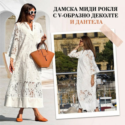 Дамска миди рокля с V-образно деколте и дантела