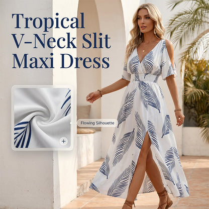 👗 СЕГА 50% ОТСТЪПКА! 🌞 Макси рокля с тропически принт, разкроена рамо и цеп
