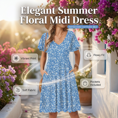 Дамска V-образна деколте миди рокля с цветен принт