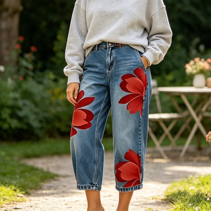 👖 ОГРАНИЧЕНО ВРЕМЕ 30% ОТСТЪПКА! ✨ Дамски дънки с широк крачол и флорален мотив – Уникална апликация, меки, 6 цвята 🌸