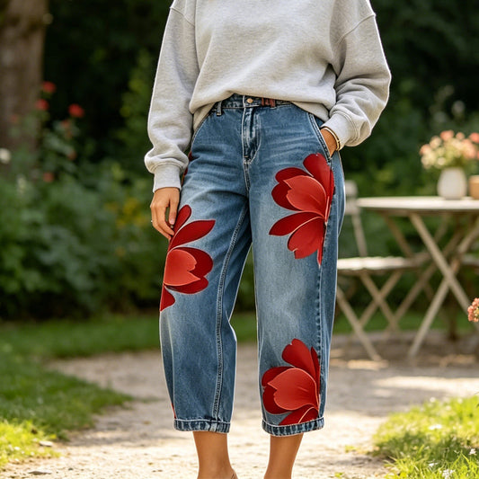 👖 ОГРАНИЧЕНО ВРЕМЕ 30% ОТСТЪПКА! ✨ Дамски дънки с широк крачол и флорален мотив – Уникална апликация, меки, 6 цвята 🌸