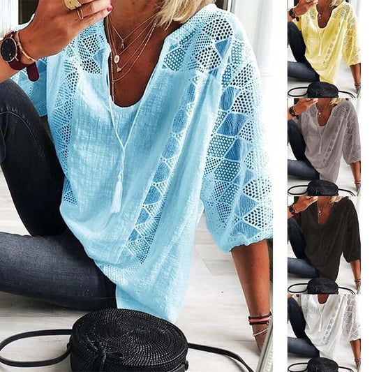 👚 49% ОТСТЪПКА СЕГА! 🌸 Дамаска блуза с U-образно деколте и ажур – Пискюли и връзки, къси ръкави – Лятна ежедневна елегантност 🌿