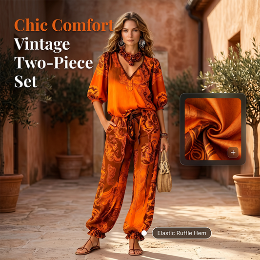 ✨ Комплект Boho Vintage от две части – Топ с V-образно деколте и панталони с етнически принт, елегантен и удобен 🌿