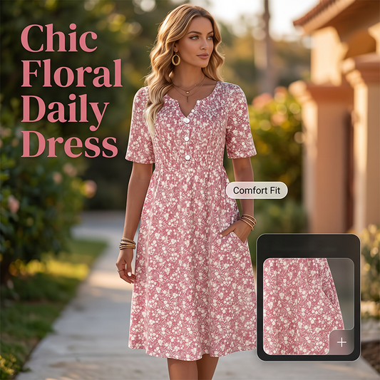 👗 49% ОТСТЪПКА! 🌸 Дамска ежедневна рокля с V-образно деколте, флорален принт и джобове – Лека, универсална и практична – Идеална за лято, разходки и почивка ☀️