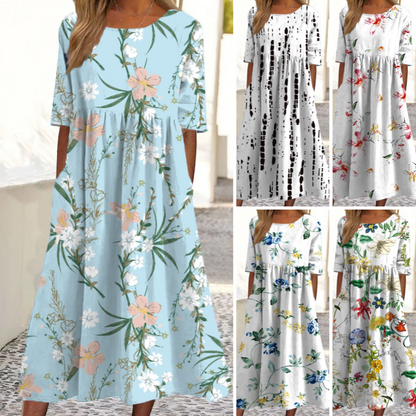 👗🌸Дамска елегантна рокля с цветя, кръгло деколте и дълъг ръкав
