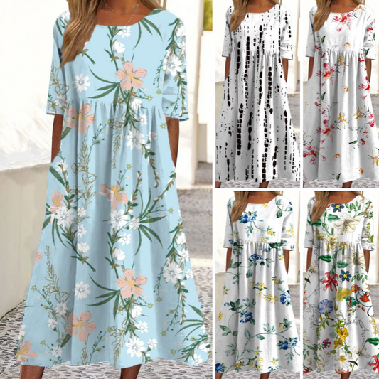👗🌸Дамска елегантна рокля с цветя, кръгло деколте и дълъг ръкав