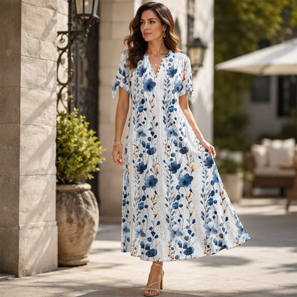 👗✨ Винтидж рокля с флорален принт, дължина до коляното, V-образно деколте, ръкави с шнур и джобове – лека, дишаща, 8 цвята, размери S–3XL 🌸🌿